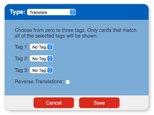 Edit View with options for Type, Tags, and Reverse Translation
