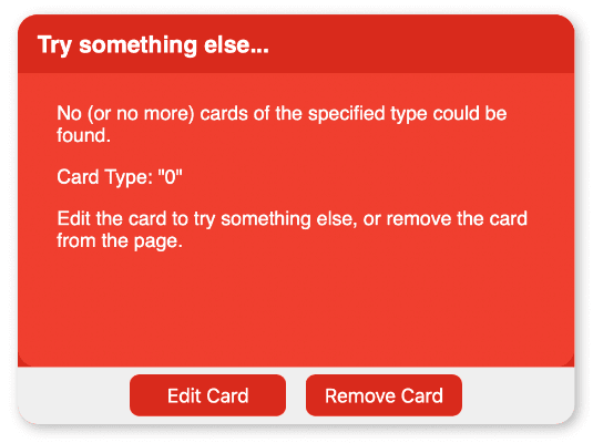A red error card, explaining that no more cards could be found